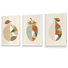 Set of 3 Autumn Geometric Lemon, Strawberry Fruit Framed Wall Art in Shades of Orange and Green | Artze Wall Art UK