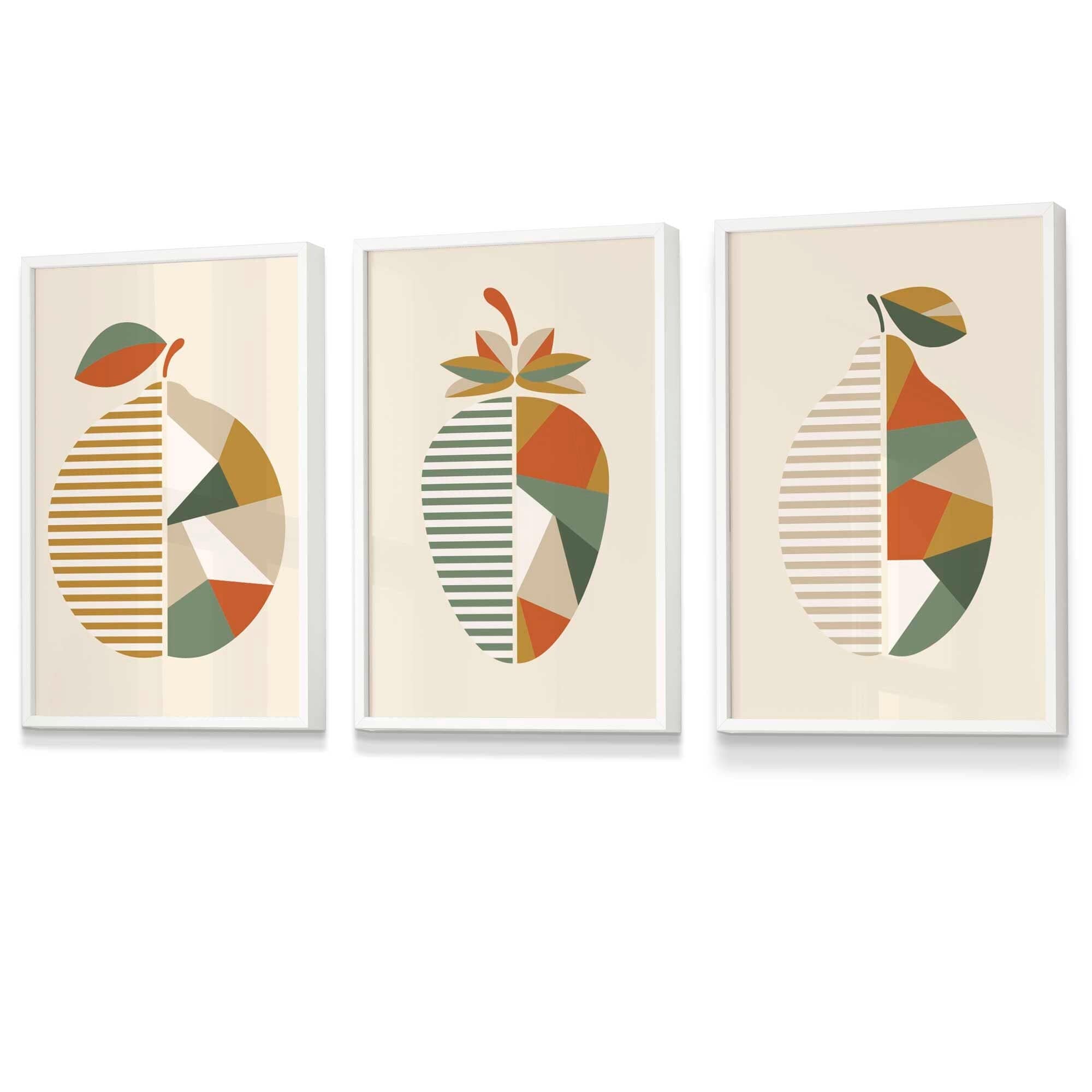 Set of 3 Autumn Geometric Lemon, Strawberry Fruit Framed Wall Art in Shades of Orange and Green | Artze Wall Art UK
