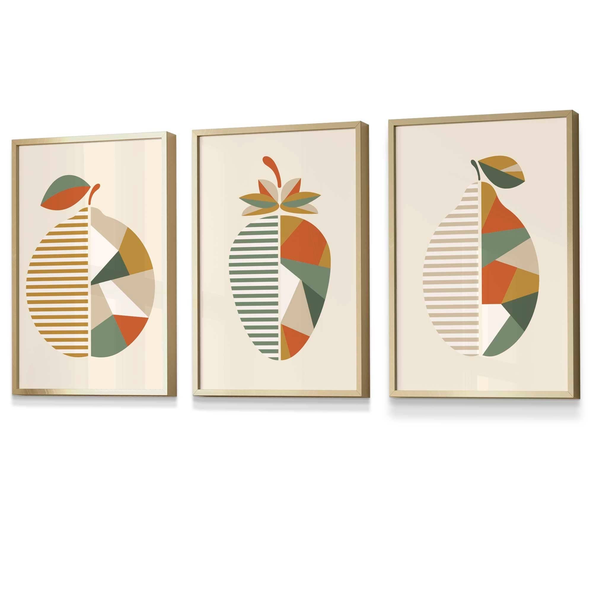 Set of 3 Autumn Geometric Lemon, Strawberry Fruit Framed Wall Art in Shades of Orange and Green | Artze Wall Art UK