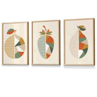 Set of 3 Autumn Geometric Lemon, Strawberry Fruit Framed Wall Art in Shades of Orange and Green | Artze Wall Art UK