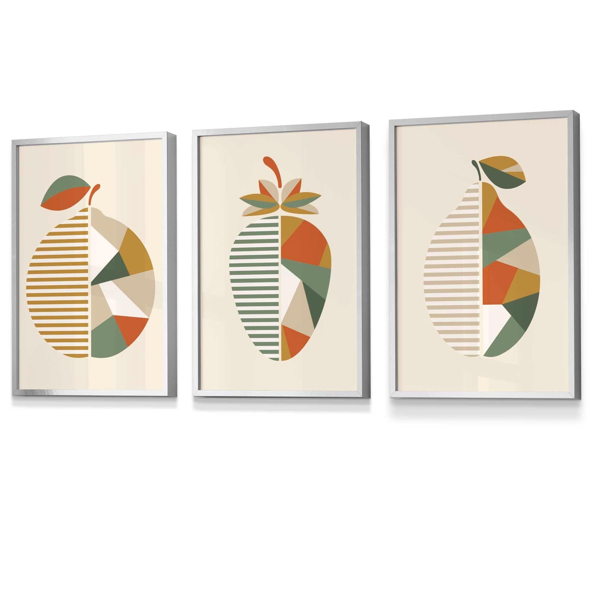 Set of 3 Autumn Geometric Lemon, Strawberry Fruit Framed Wall Art in Shades of Orange and Green | Artze Wall Art UK