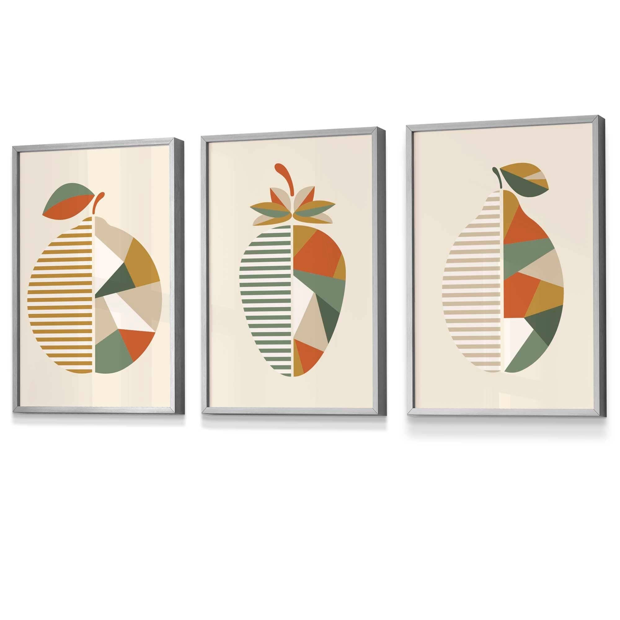 Set of 3 Autumn Geometric Lemon, Strawberry Fruit Framed Wall Art in Shades of Orange and Green | Artze Wall Art UK