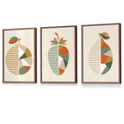 Set of 3 Autumn Geometric Lemon, Strawberry Fruit Framed Wall Art in Shades of Orange and Green | Artze Wall Art UK