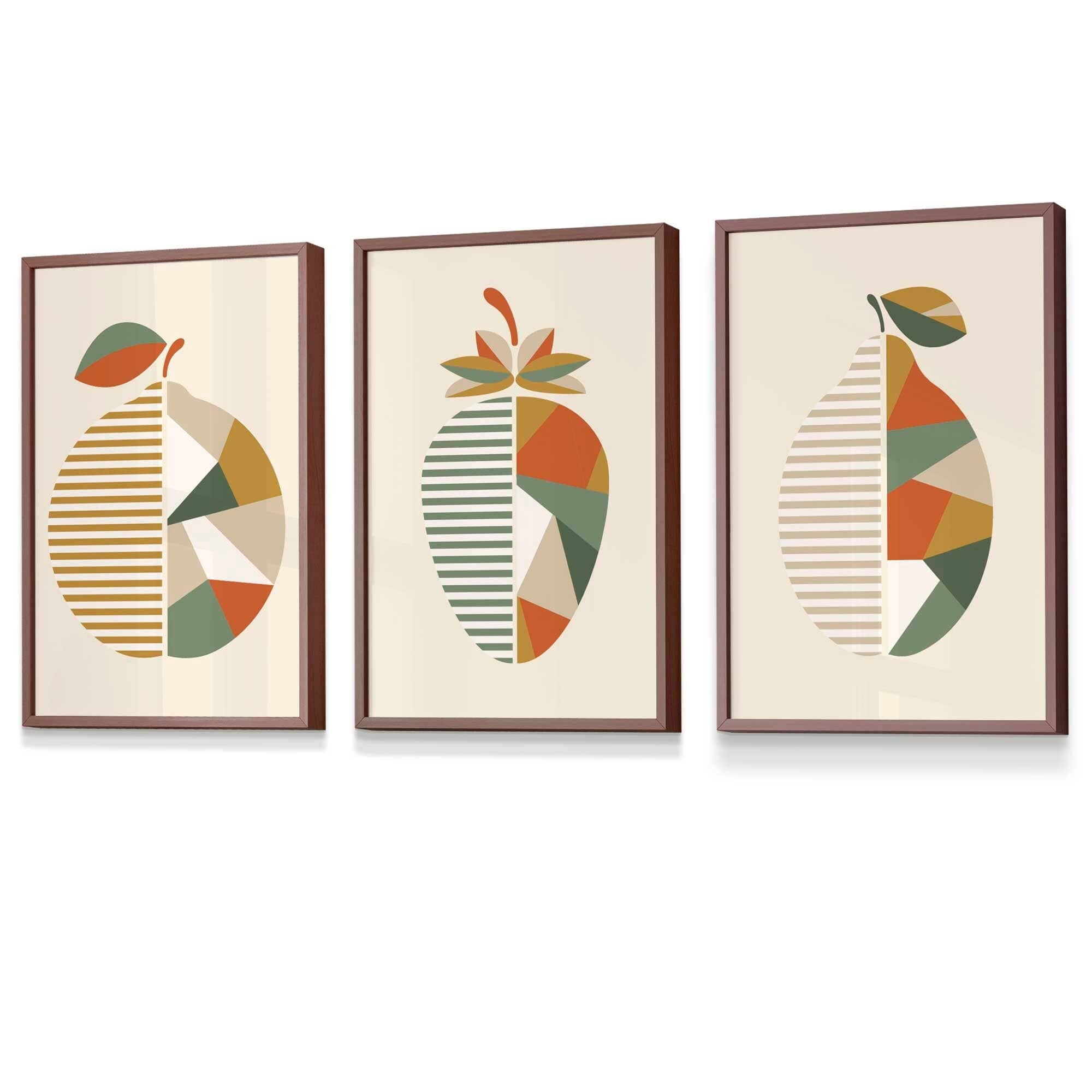 Set of 3 Autumn Geometric Lemon, Strawberry Fruit Framed Wall Art in Shades of Orange and Green | Artze Wall Art UK