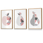 Set of 3 FRAMED Blush Pink and Grey Geometric Line Wall Art Fruit Featuring Apple Pear and Pineapple | Artze Wall Art UK