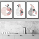 Set of 3 FRAMED Blush Pink and Grey Geometric Line Wall Art Fruit Featuring Apple Pear and Pineapple | Artze Wall Art UK