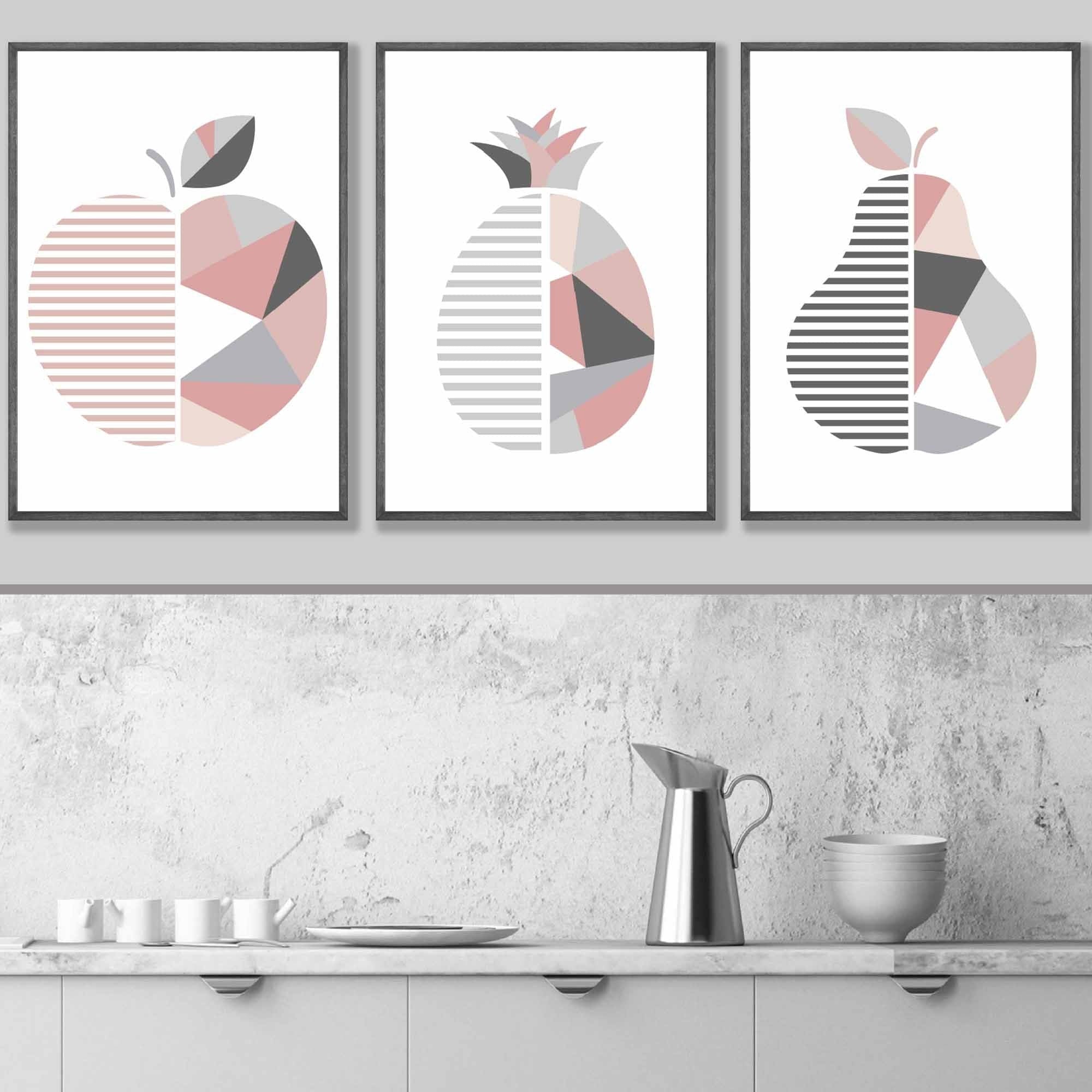 Set of 3 FRAMED Blush Pink and Grey Geometric Line Wall Art Fruit Featuring Apple Pear and Pineapple | Artze Wall Art UK