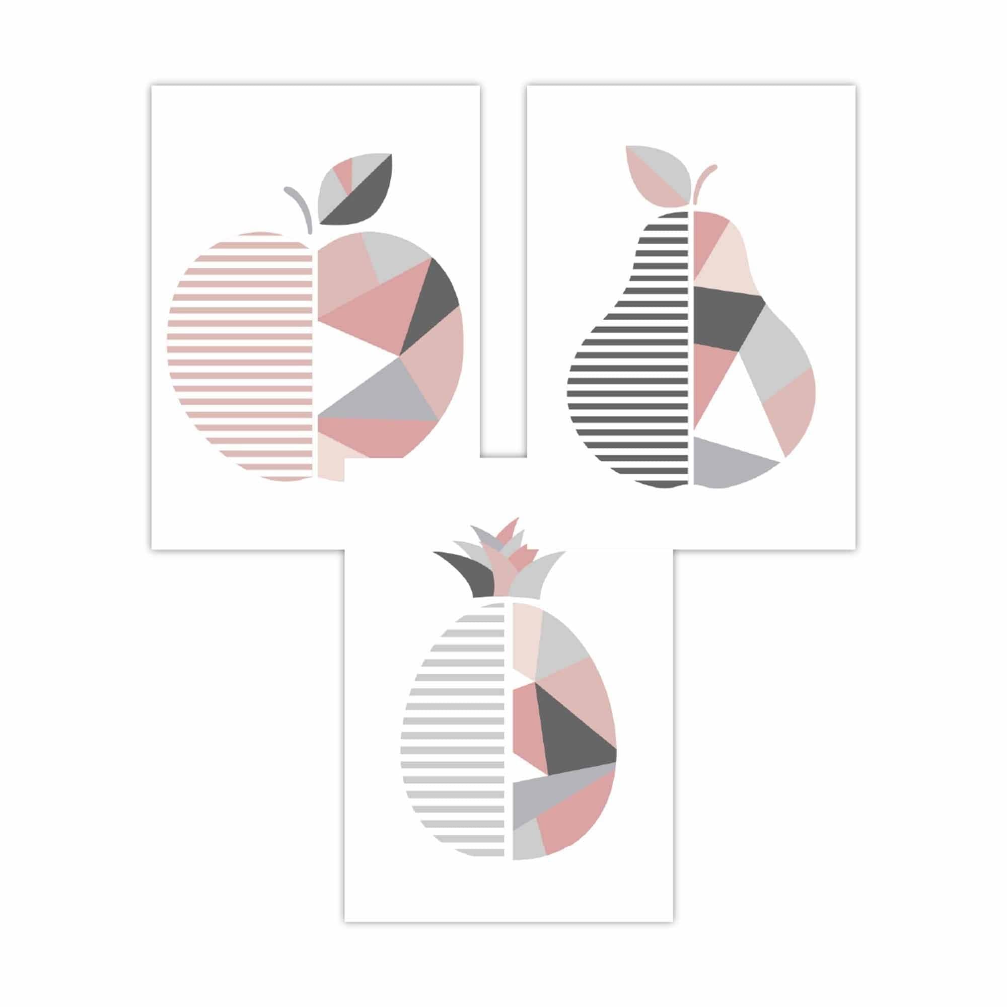 Set of 3 FRAMED Blush Pink and Grey Geometric Line Wall Art Fruit Featuring Apple Pear and Pineapple | Artze Wall Art UK