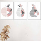 Set of 3 FRAMED Blush Pink and Grey Geometric Line Wall Art Fruit Featuring Apple Pear and Pineapple | Artze Wall Art UK