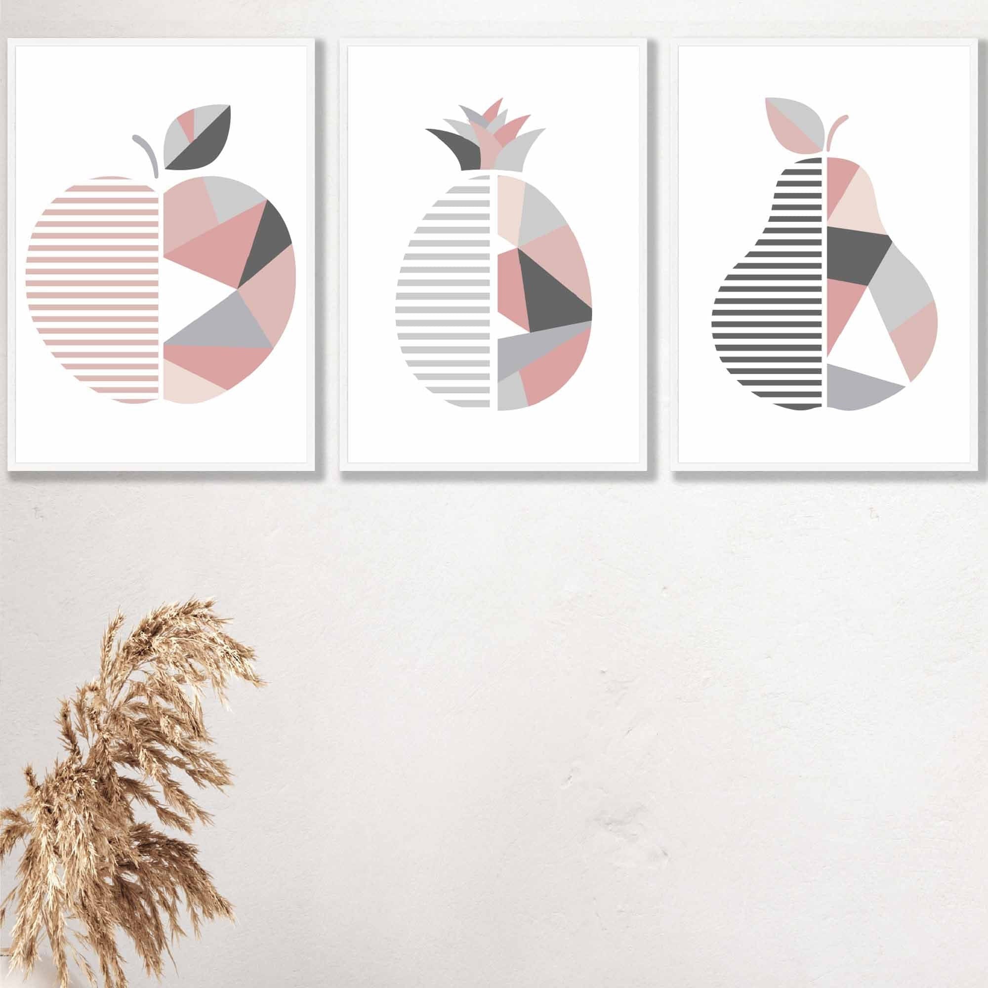 Set of 3 FRAMED Blush Pink and Grey Geometric Line Wall Art Fruit Featuring Apple Pear and Pineapple | Artze Wall Art UK