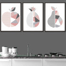 Set of 3 FRAMED Blush Pink and Grey Geometric Line Wall Art Fruit Featuring Apple Pear and Pineapple | Artze Wall Art UK