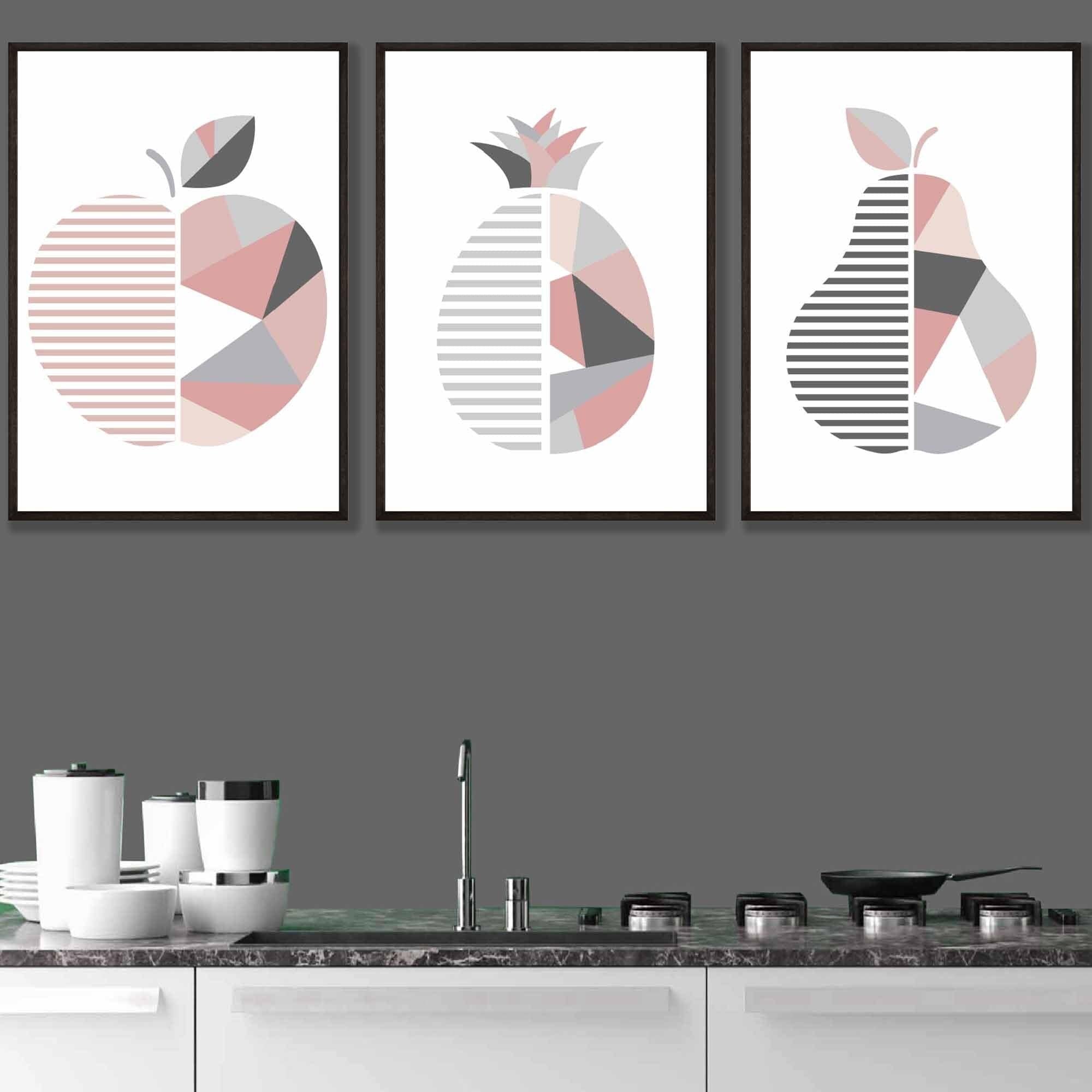 Set of 3 FRAMED Blush Pink and Grey Geometric Line Wall Art Fruit Featuring Apple Pear and Pineapple | Artze Wall Art UK