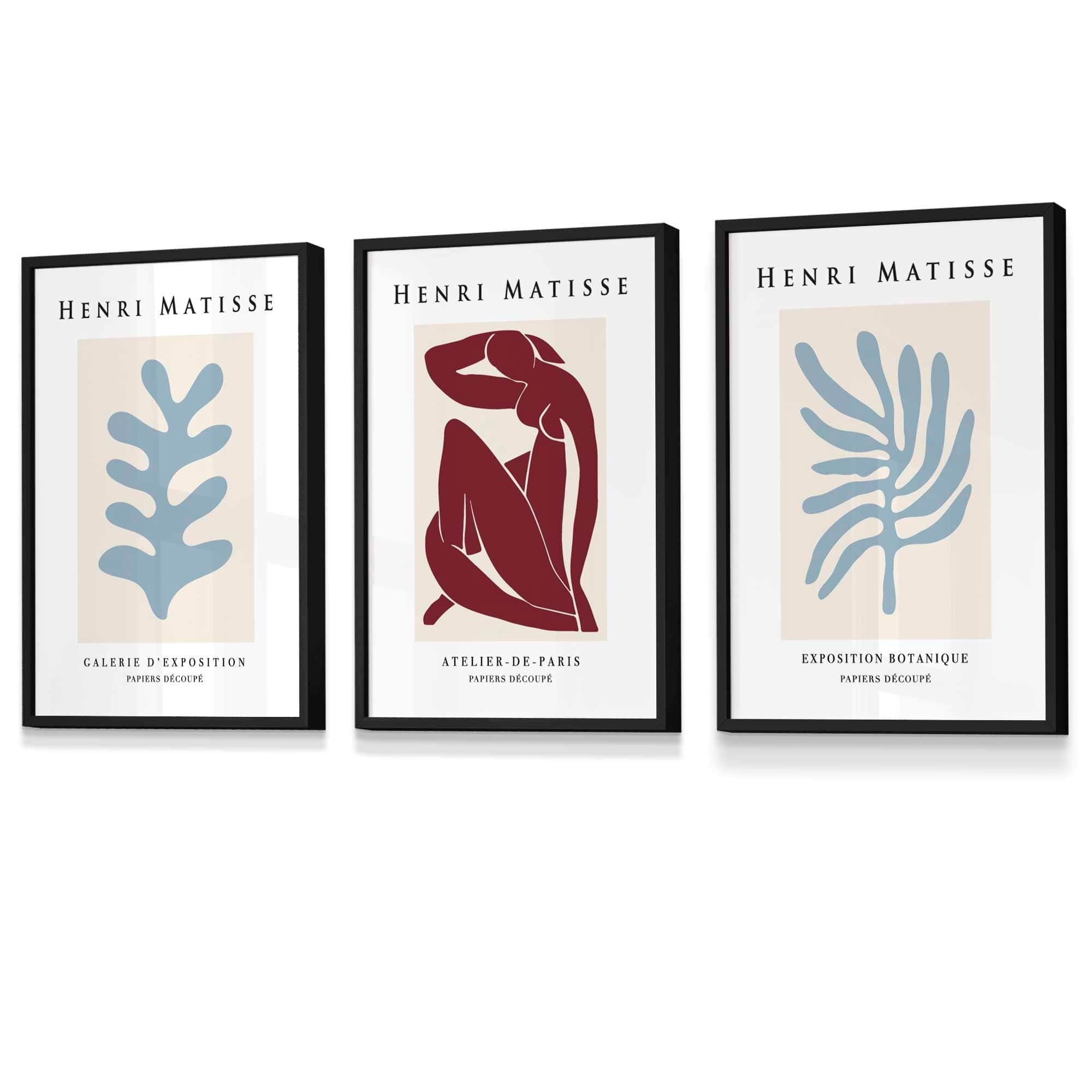 Matisse Floral and Nude Set of 3 FRAMED Wall Art Prints in Red and Light Blue Henri Matisse Cutouts Mid Century Modern | Artze Wall Art UK