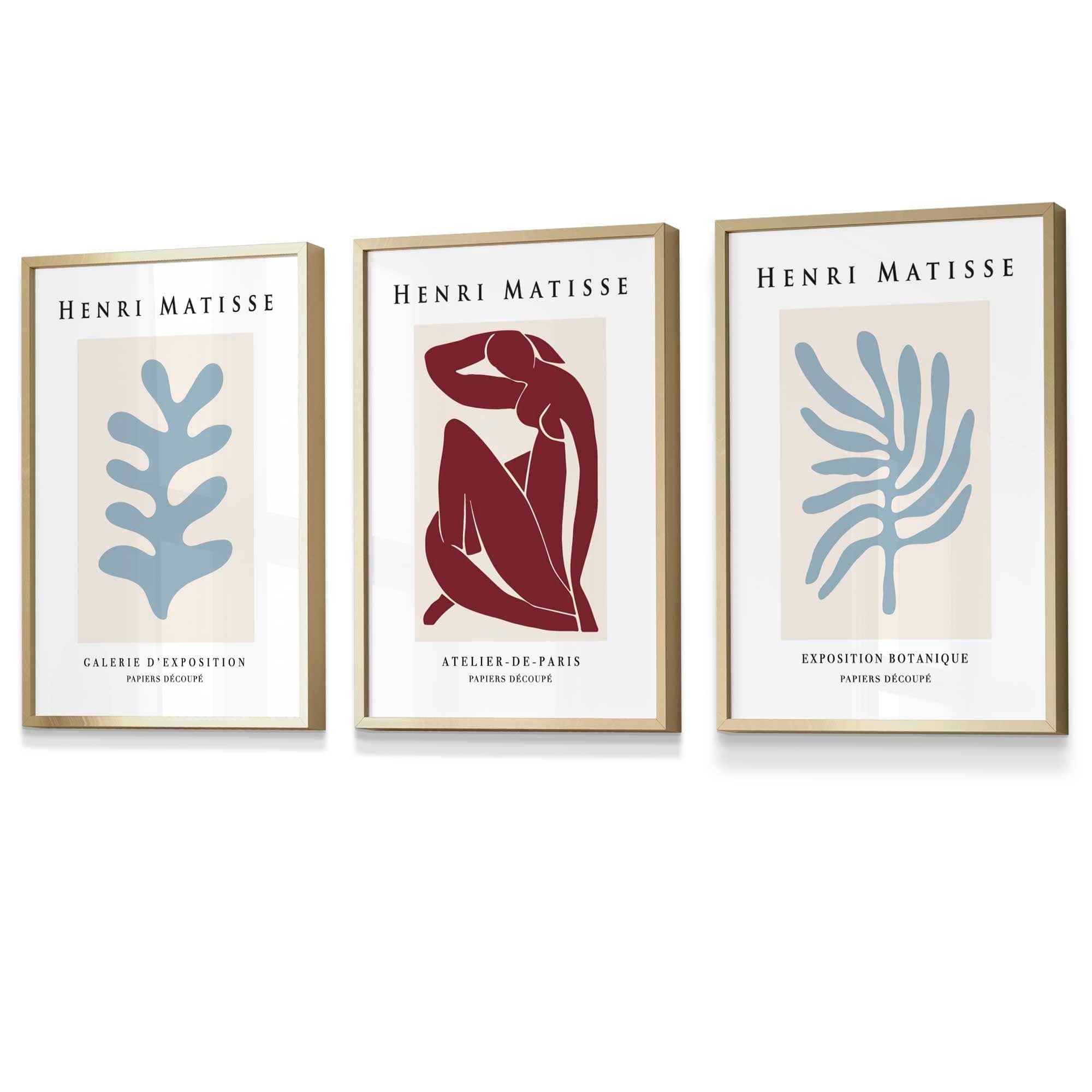 Matisse Floral and Nude Set of 3 FRAMED Wall Art Prints in Red and Light Blue Henri Matisse Cutouts Mid Century Modern | Artze Wall Art UK