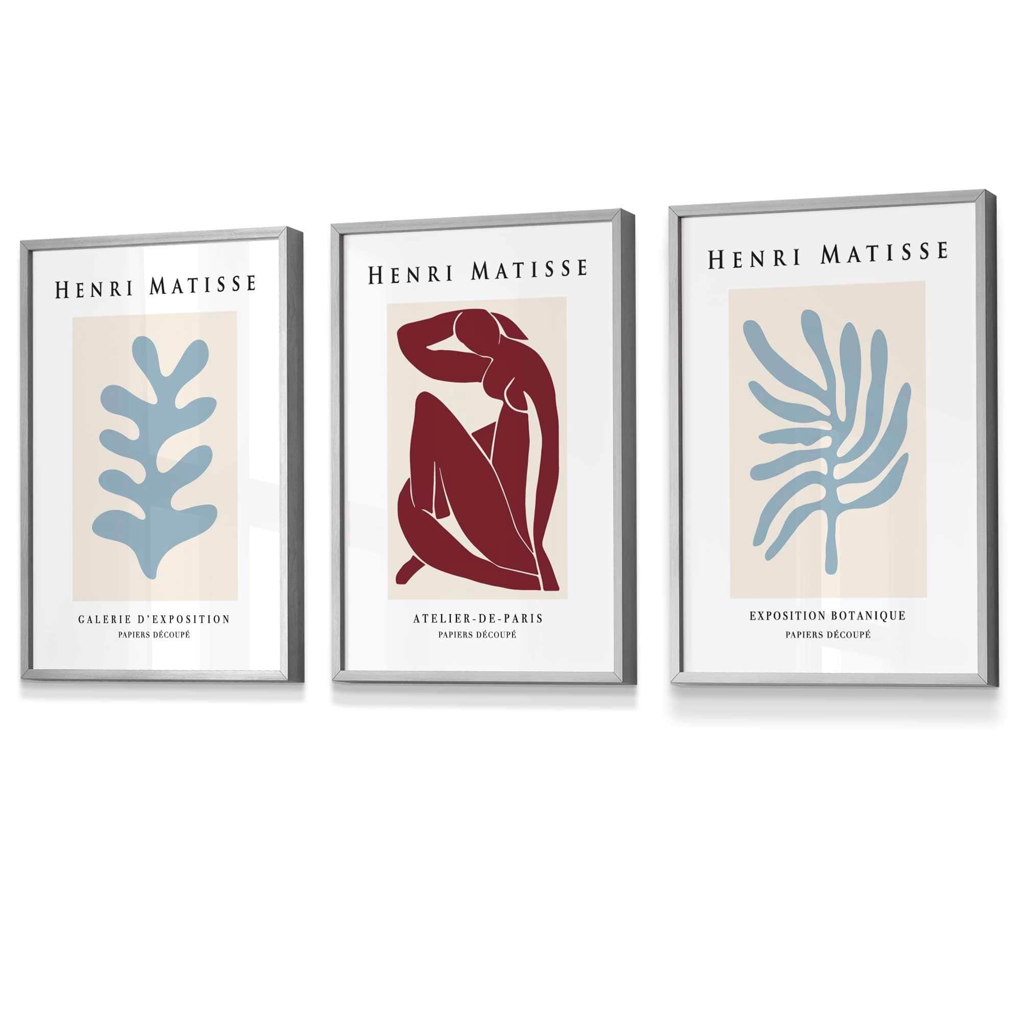 Matisse Floral and Nude Set of 3 FRAMED Wall Art Prints in Red and Light Blue Henri Matisse Cutouts Mid Century Modern | Artze Wall Art UK