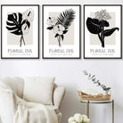 Framed Set of 3 Floral Sketch Ink Botanical Leaves in Black and Beige | Artze Wall Art UK