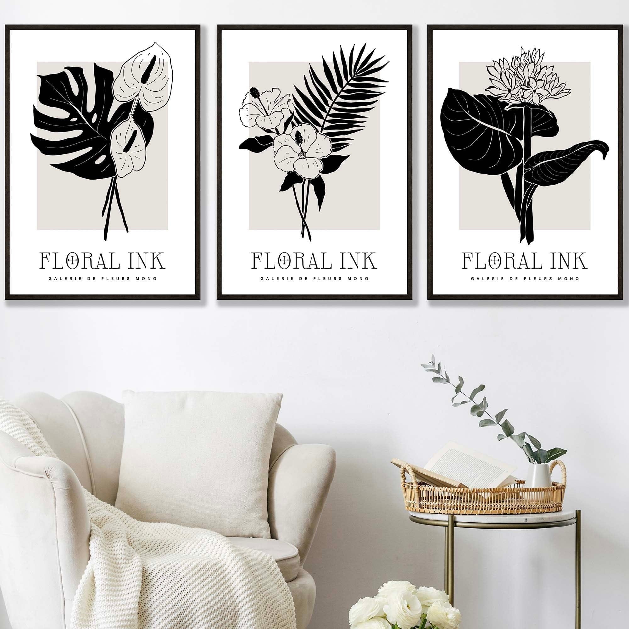 Framed Set of 3 Floral Sketch Ink Botanical Leaves in Black and Beige | Artze Wall Art UK