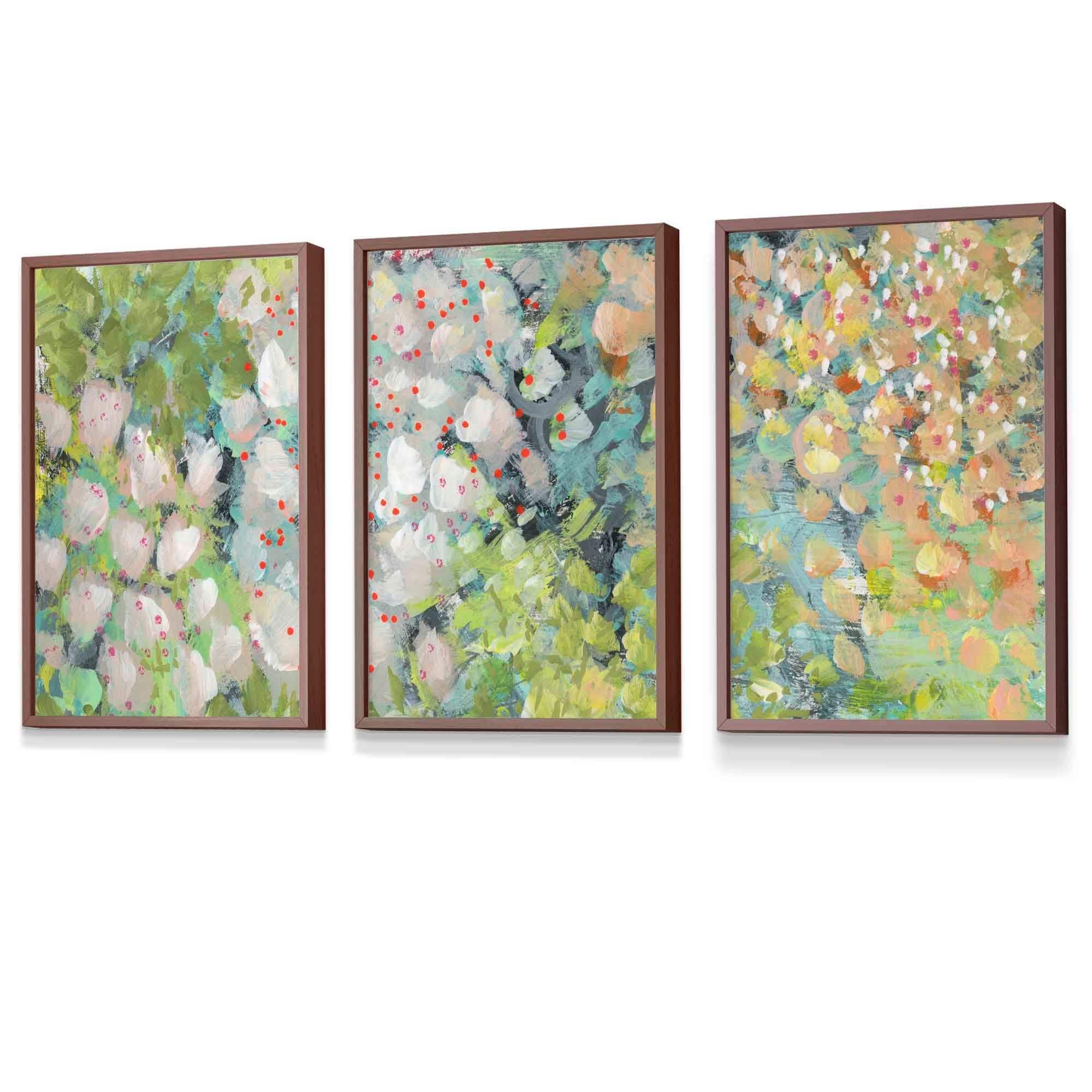 Set of 3 Framed Abstract Cottage Garden Flowers in Green Wall Art Prints | Artze Wall Art UK