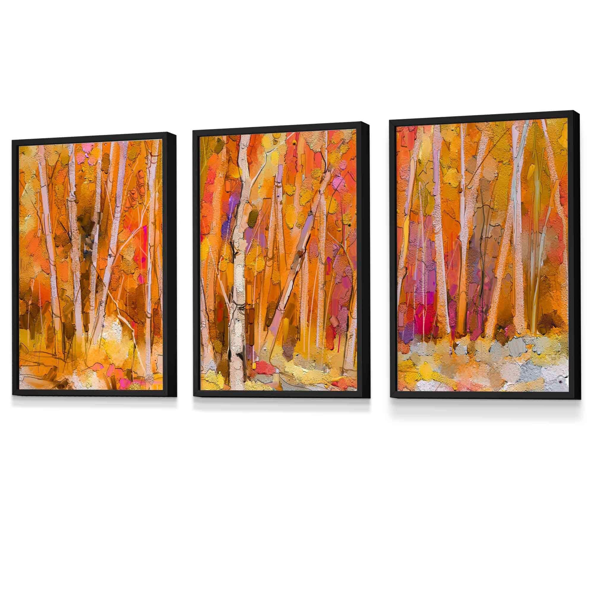 FRAMED Set of 3 Abstract Autumn Trees in Orange Wall Art Prints | Artze Wall Art UK