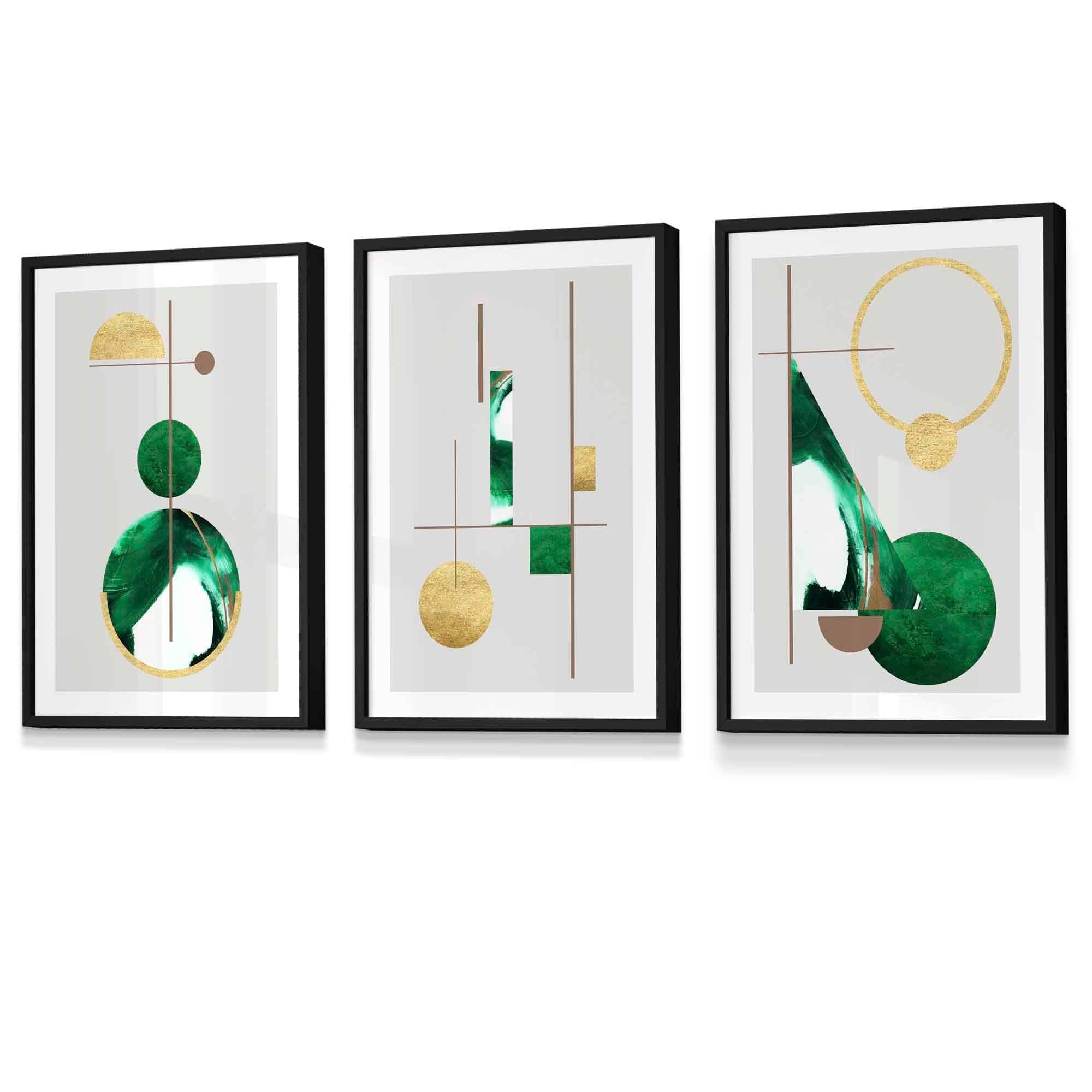Abstract Textured Geometric Mid Century Modern FRAMED Art in Green and Gold | Artze Wall Art UK