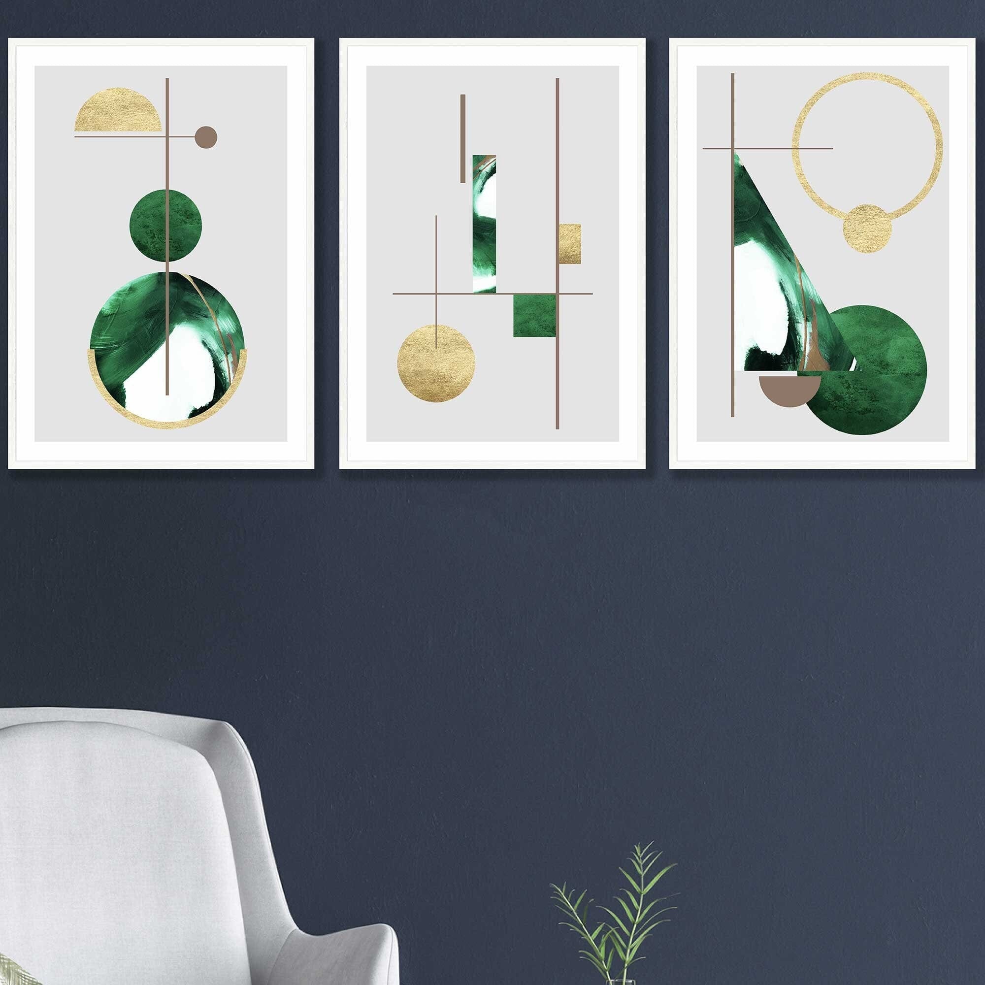 Abstract Textured Geometric Mid Century Modern FRAMED Art in Green and Gold | Artze Wall Art UK