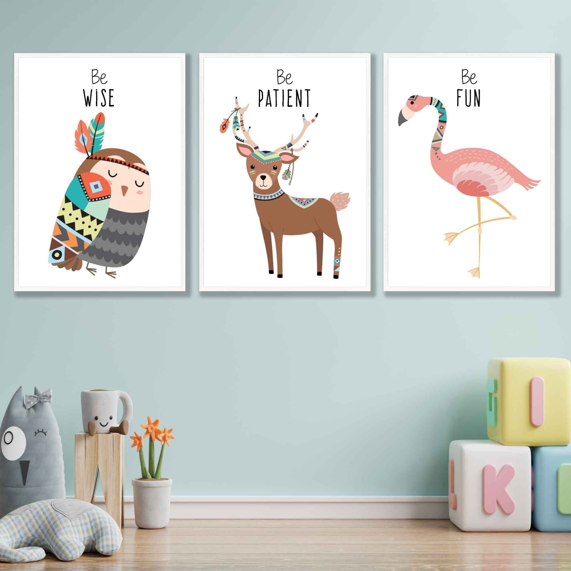 NURSERY Prints Set of 3 Tribal Wall Art Quote Prints Be Wise Owl Deer Flamingo / FRAMED Kids Wall Art | Artze Wall Art UK