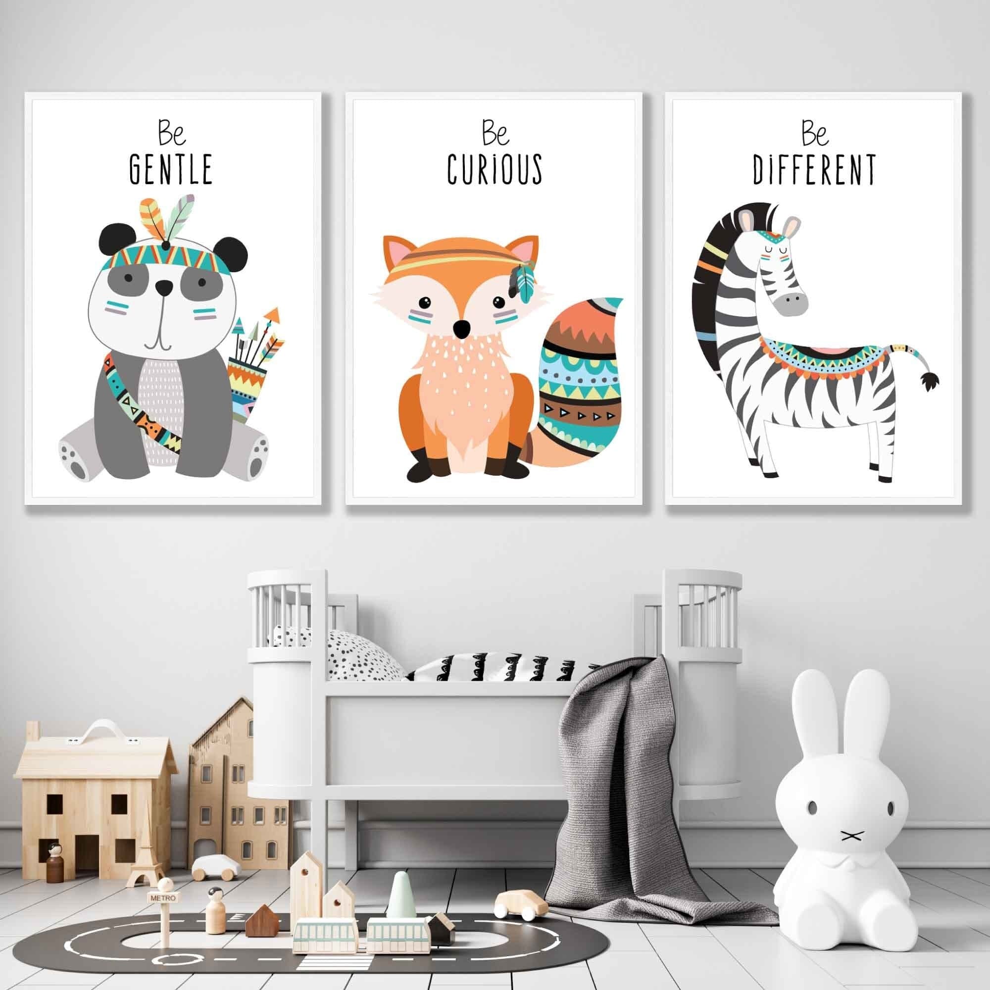 NURSERY Prints Set of 3 Panda, Fox, Zebra Tribal Quote FRAMED Kids Wall Art | Artze Wall Art UK
