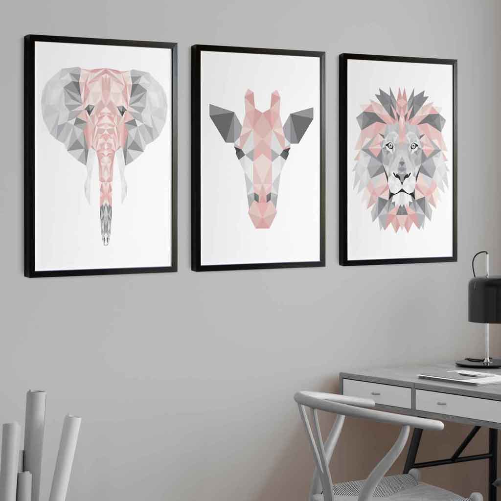 Framed Set of 3 Geometric Blush Pink and Grey JUNGLE HEADS Lion Elephant Giraffe | Artze Wall Art UK