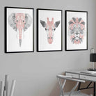 Framed Set of 3 Geometric Blush Pink and Grey JUNGLE HEADS Lion Elephant Giraffe | Artze Wall Art UK