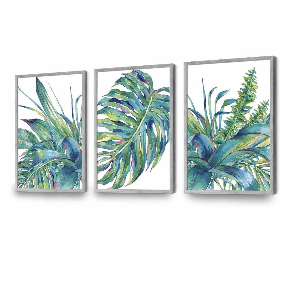 Set of 3 Watercolour Green Blue Tropical Leaves Wall Art Framed Prints | Artze Wall Art UK