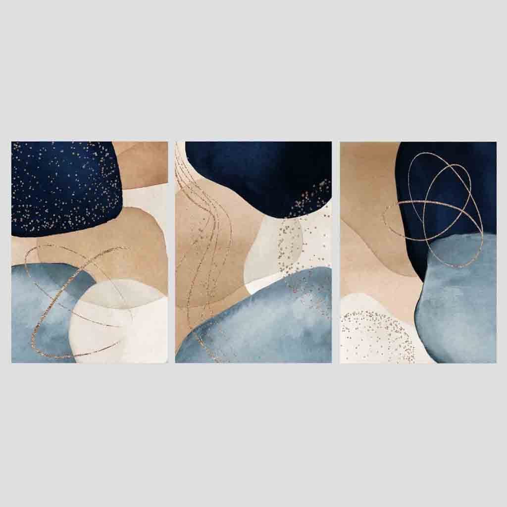Set of 3 Abstract Art Prints Navy, Blue Beige and Gold