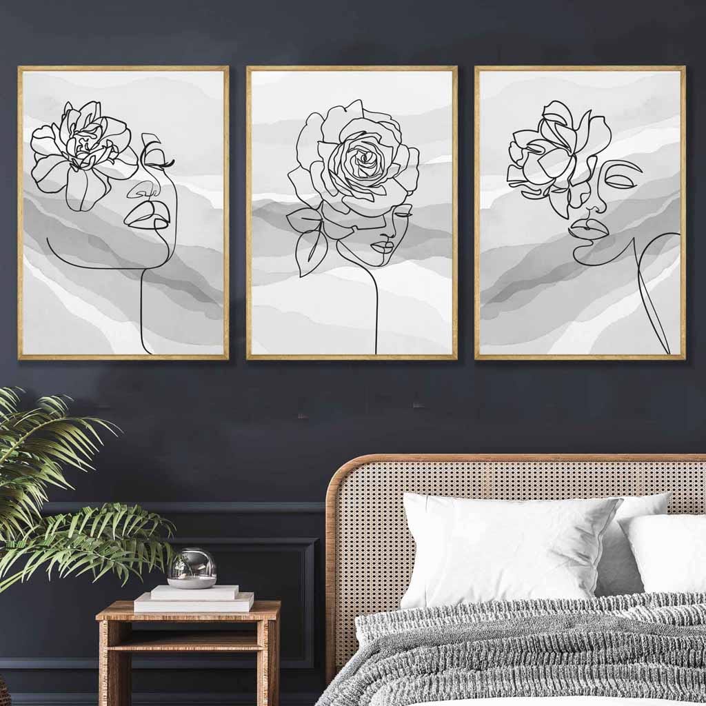 Set of 3 Line Art Floral Faces on Grey Watercolour Art Posters