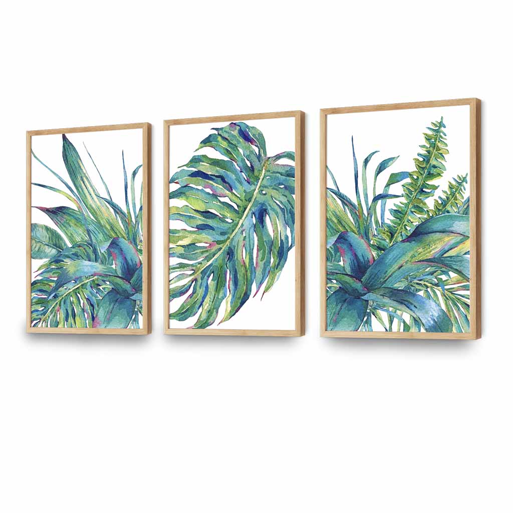 Set of 3 Watercolour Green Blue Tropical Leaves Wall Art Framed Prints | Artze Wall Art UK