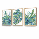 Set of 3 Watercolour Green Blue Tropical Leaves Wall Art Framed Prints | Artze Wall Art UK
