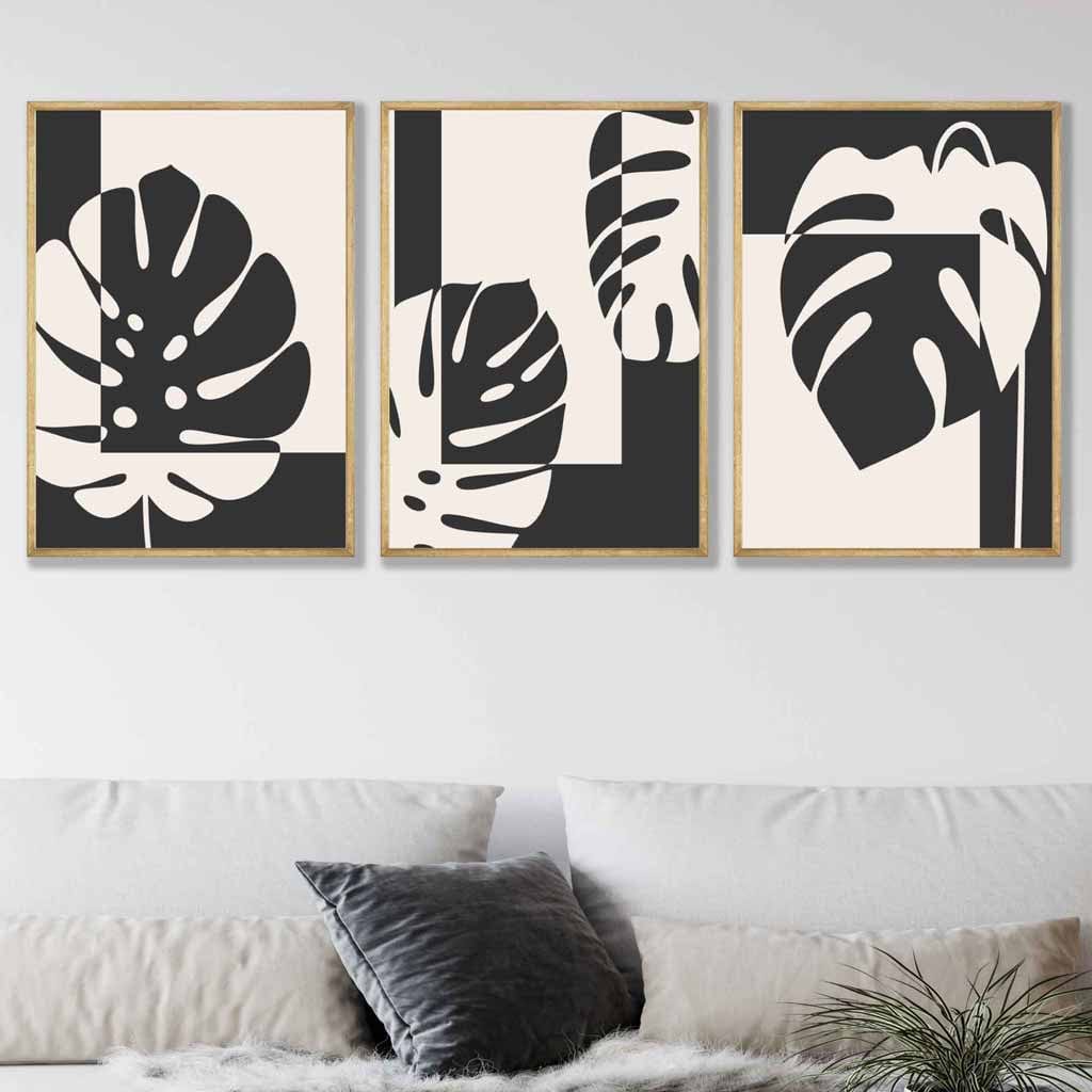 Set of 3 Black Graphical Monstera Botanical Art Prints