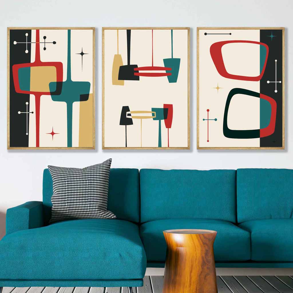 Mid Century Modern Set of 3 Wall Art Prints in Black Teal Red Yellow