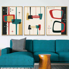 Mid Century Modern Set of 3 Wall Art Prints in Black Teal Red Yellow