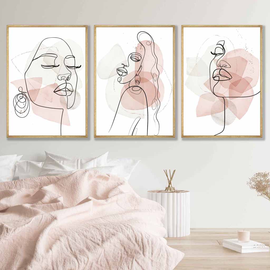 One Line Set of 3 Fashion Faces Wall Art Prints in Pink and Ivory
