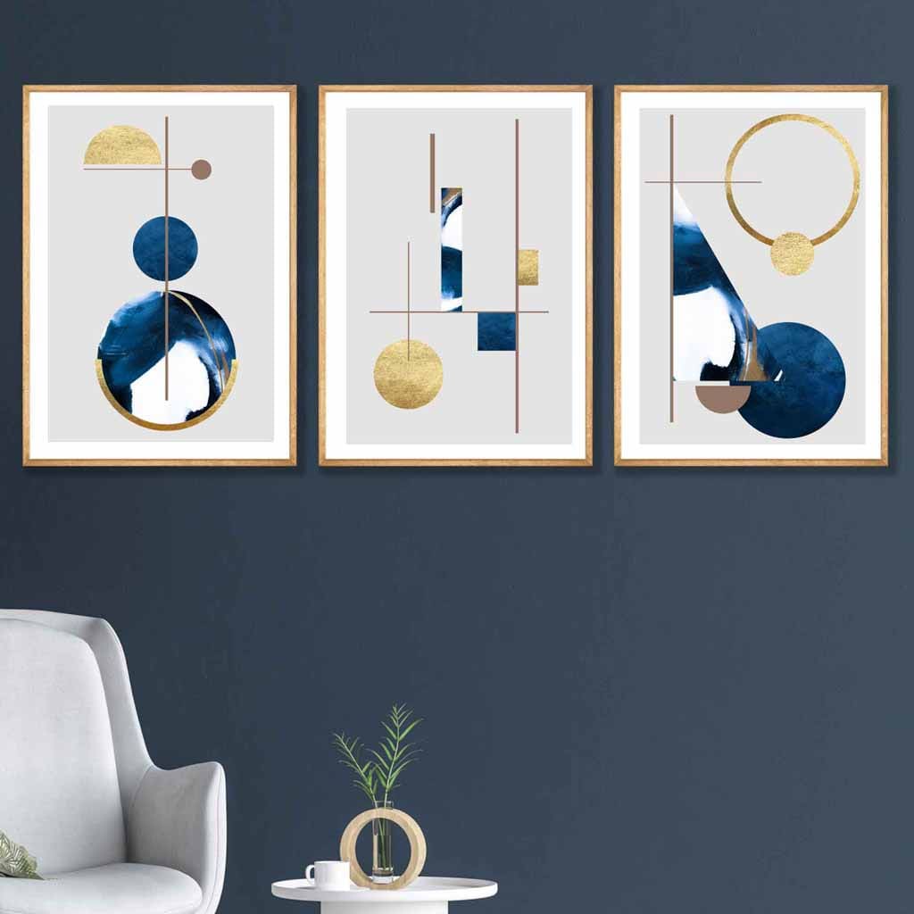 Abstract Set of 3 Textured Geometric Art Wall Art Prints in Navy Blue and Gold