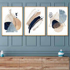 Set of 3 Abstract Beige Blue and Gold Wall Art Prints