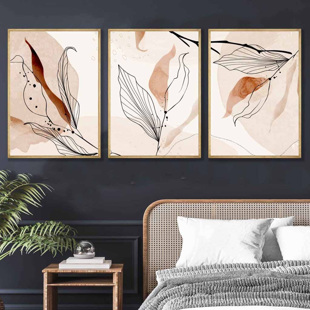 Set of 3 Line Art and Watercolour Autumn Leaves Art Prints
