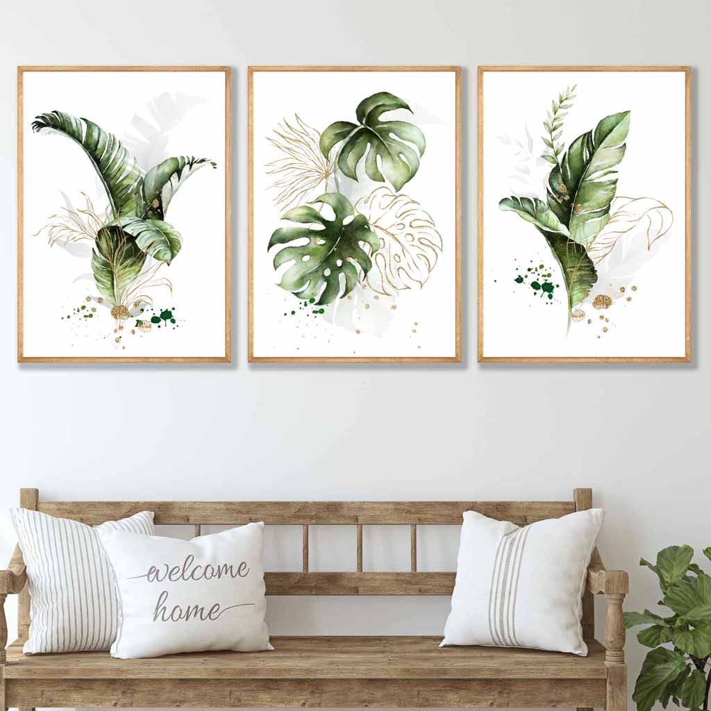 Botanical Set of 3 Green and Gold Floral Wall Art Prints