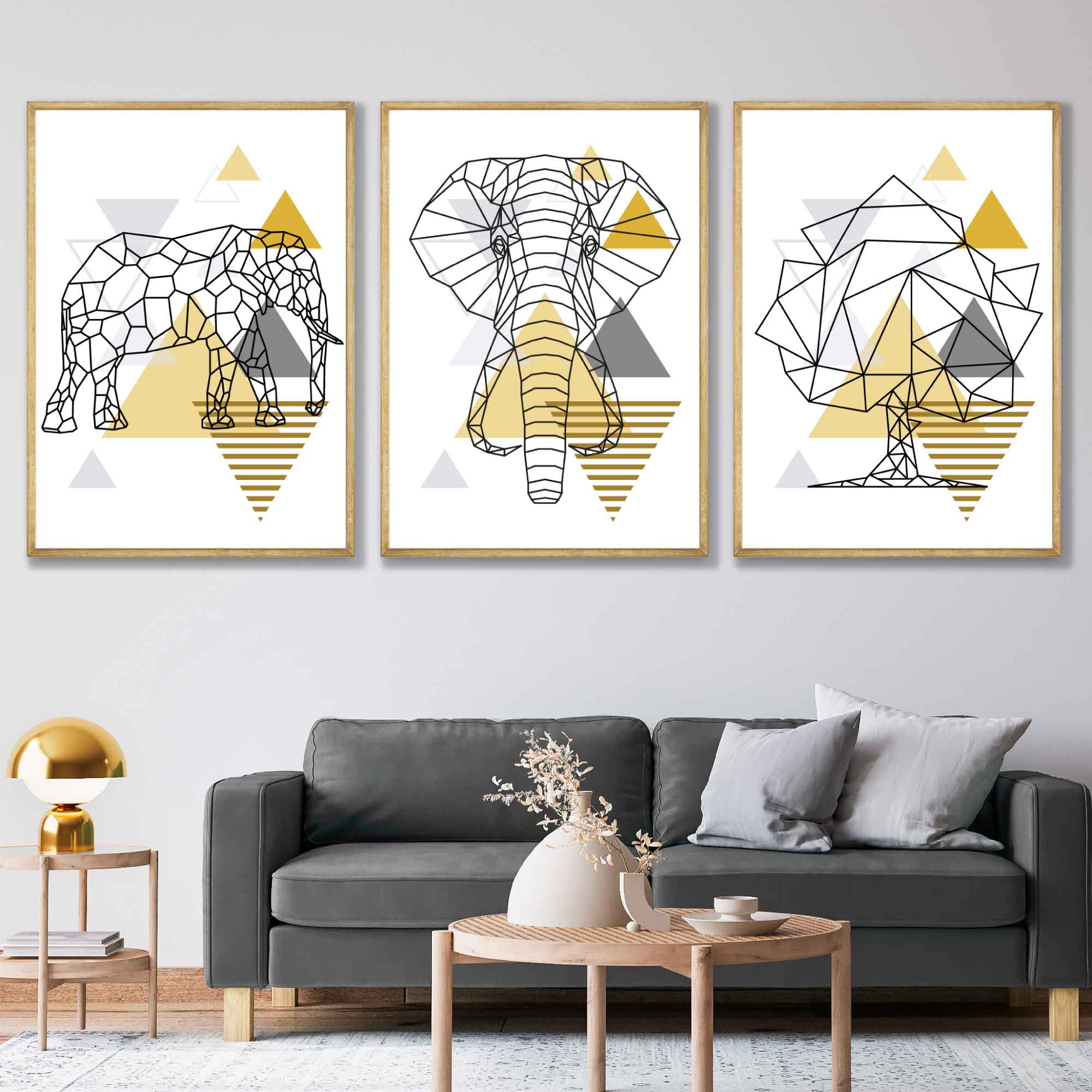 Set of 3 Scandinavian GEOMETRIC YELLOW & Grey ELEPHANT and Tree Art Prints