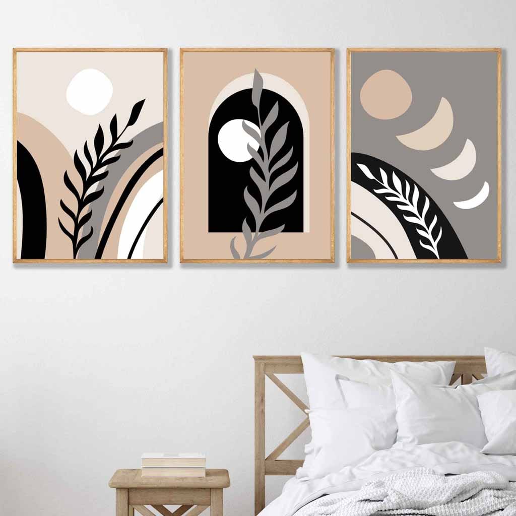 Boho Abstract Set of 3 Wall Art Prints in Black Beige and Grey