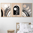 Boho Abstract Set of 3 Wall Art Prints in Black Beige and Grey