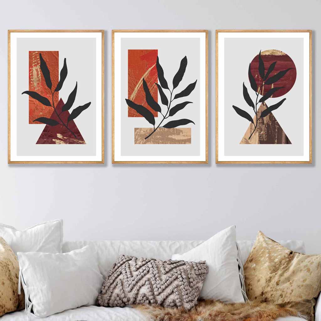 Mid Century Modern Set of 3 Wall Art Prints in Orange & Gold