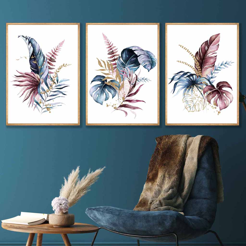 Botanical Set of 3 Pink and Blue Floral Wall Art Prints
