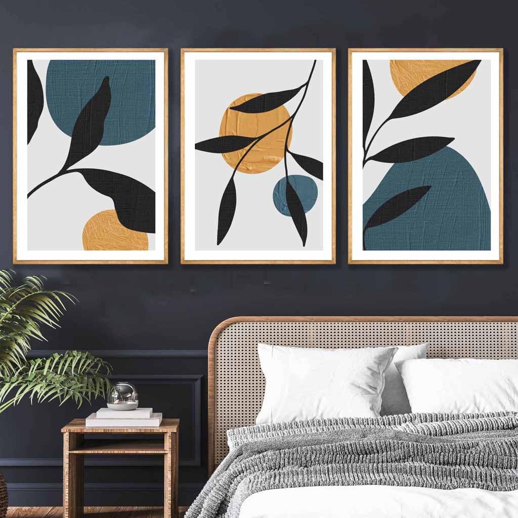 Mid Century Botanical Set of 3 Teal, Yellow Wall Art Prints