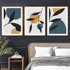 Mid Century Botanical Set of 3 Teal, Yellow Wall Art Prints