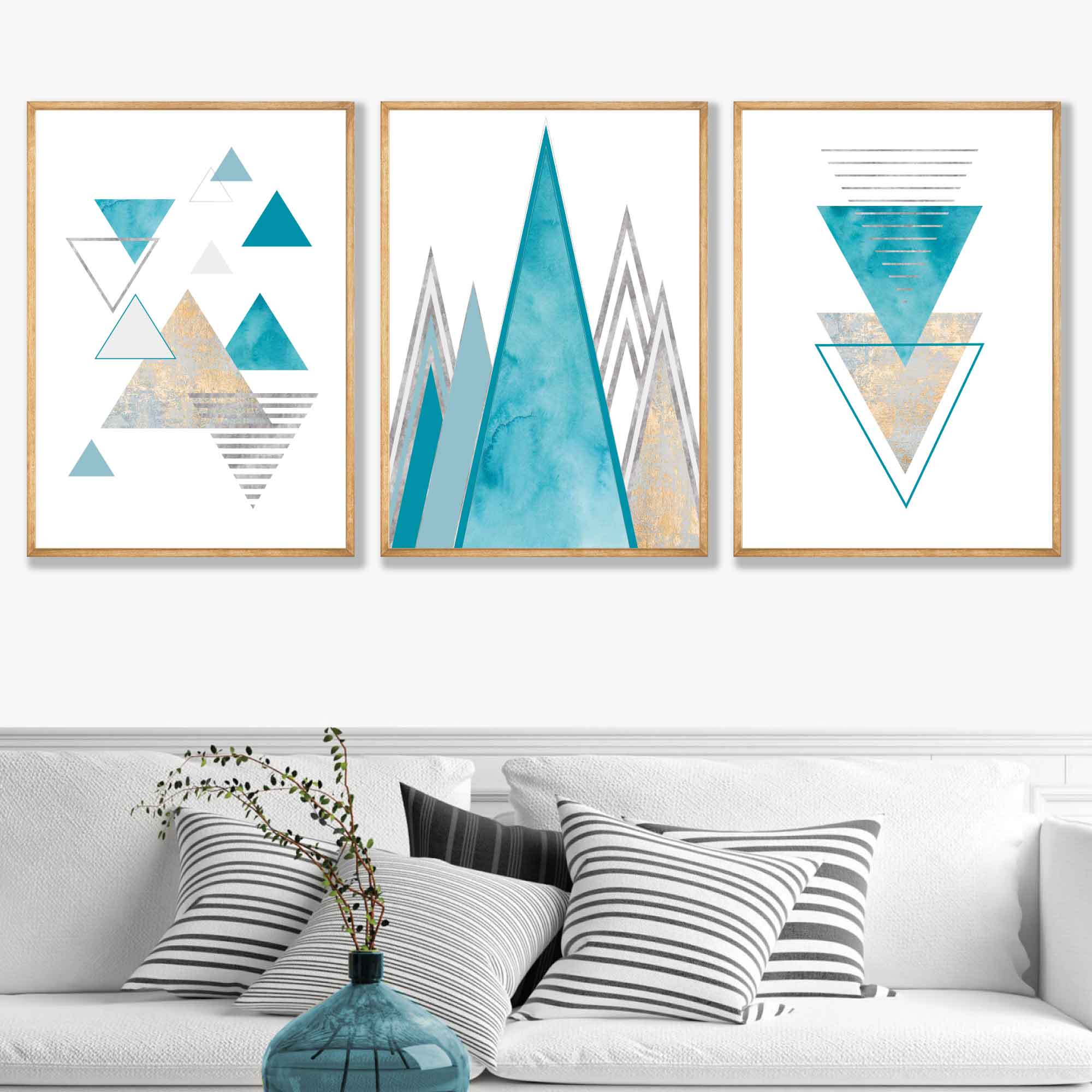 GEOMETRIC set of 3 Aqua Blue and Gold Art Prints Abstract Triangles